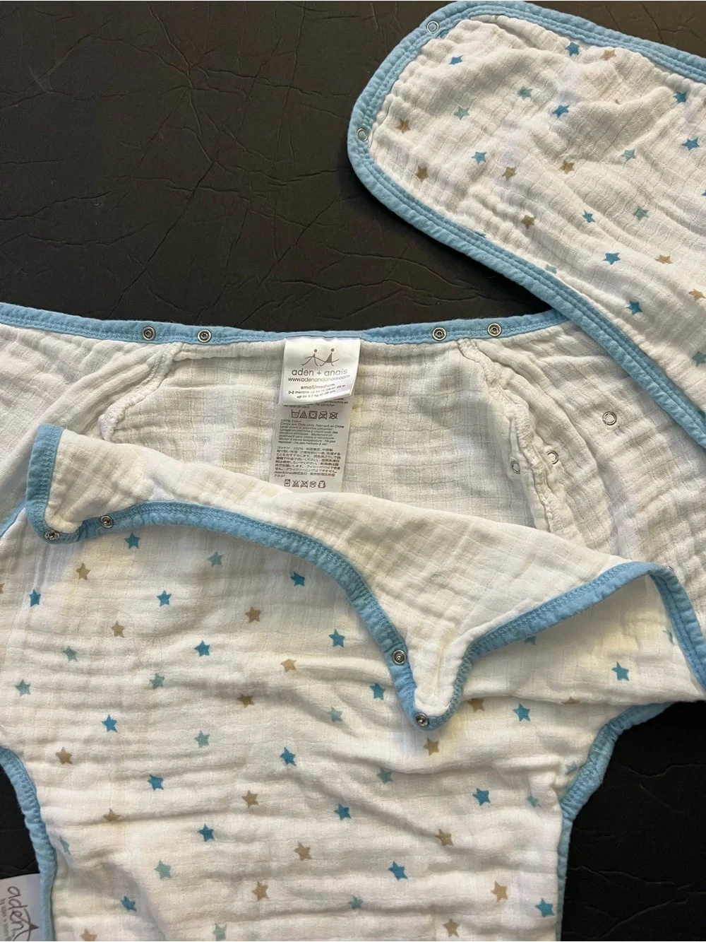 aden + anais White Muslin Sleep Sack with Blue and Tan Stars